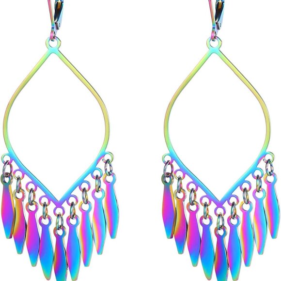 Jewelry - Boho Feather Dangle Earrings Stainless Steel Large Statement Drop Jewelry